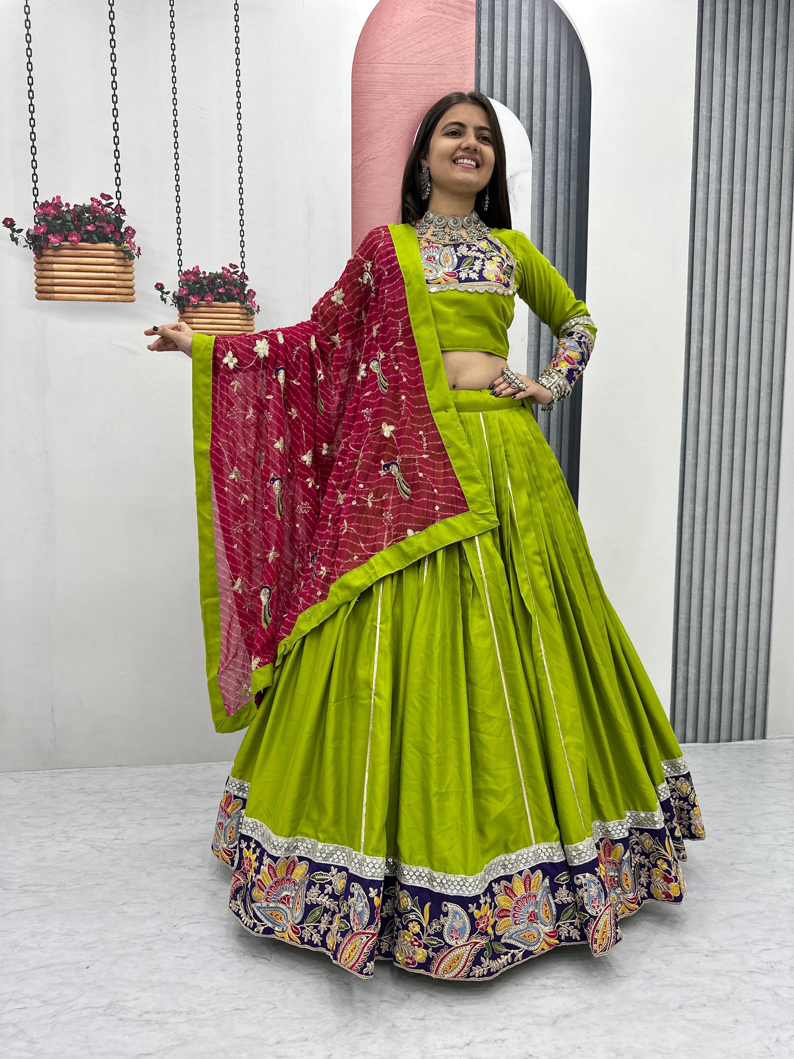 Green cotton lehenga with ribbon lace and embroidery

