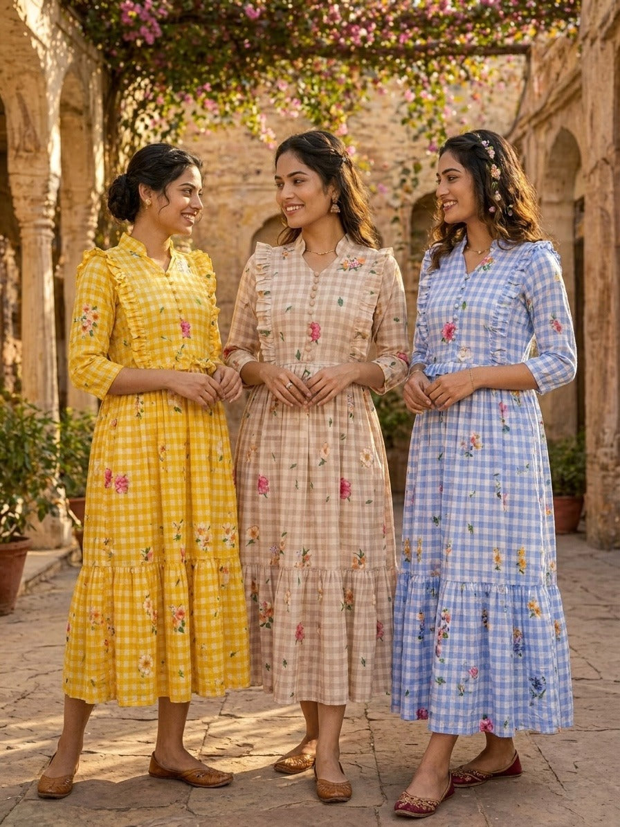 Muslin silk gingham printed kurti for women with V neck collar