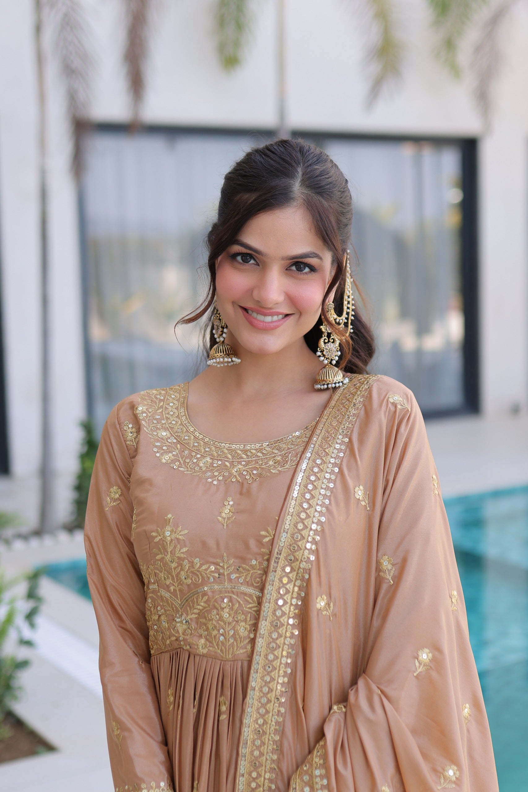 Beige gold designer sharara suit for women