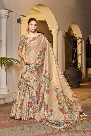 Beige handloom saree with peacock and floral print