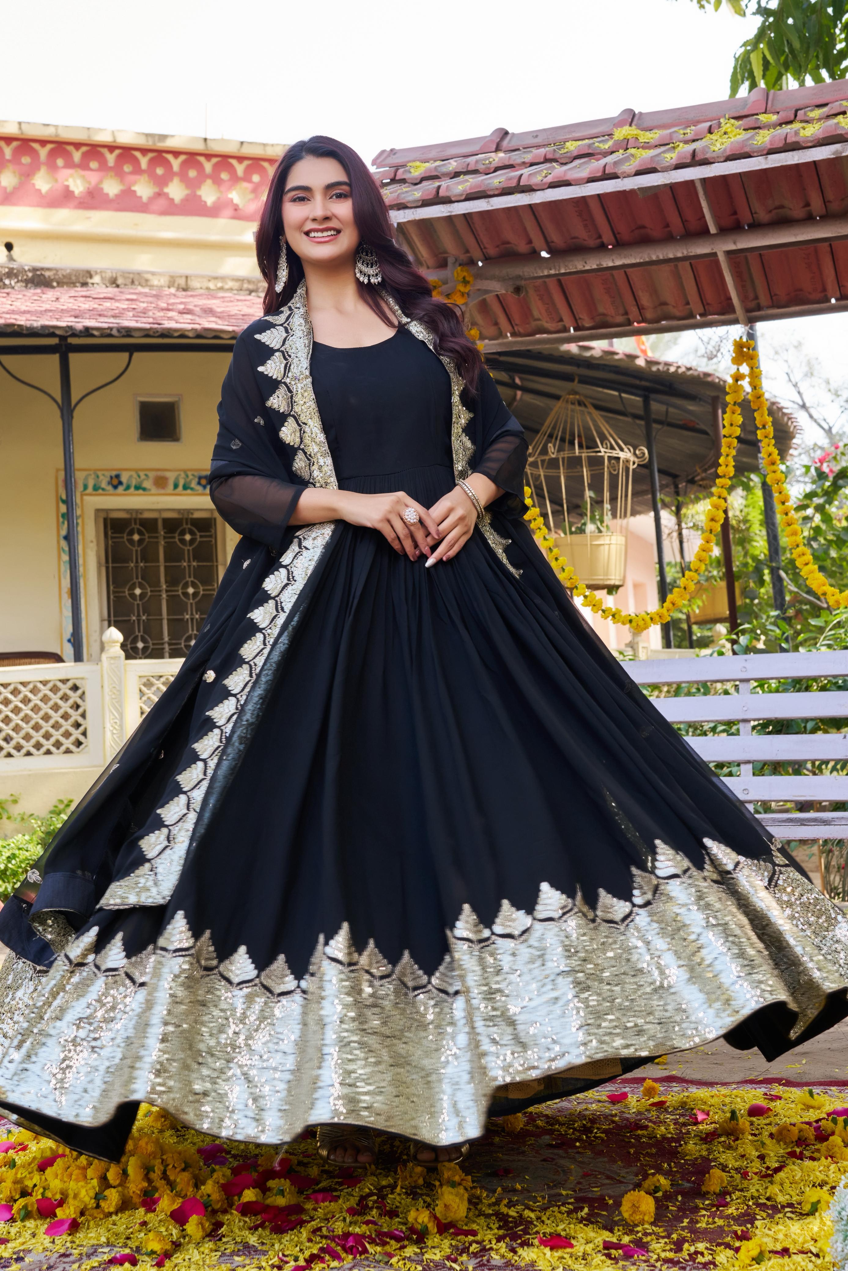 Black faux georgette sequin embroidered gown front view