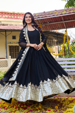 Black faux georgette sequin embroidered gown front view
