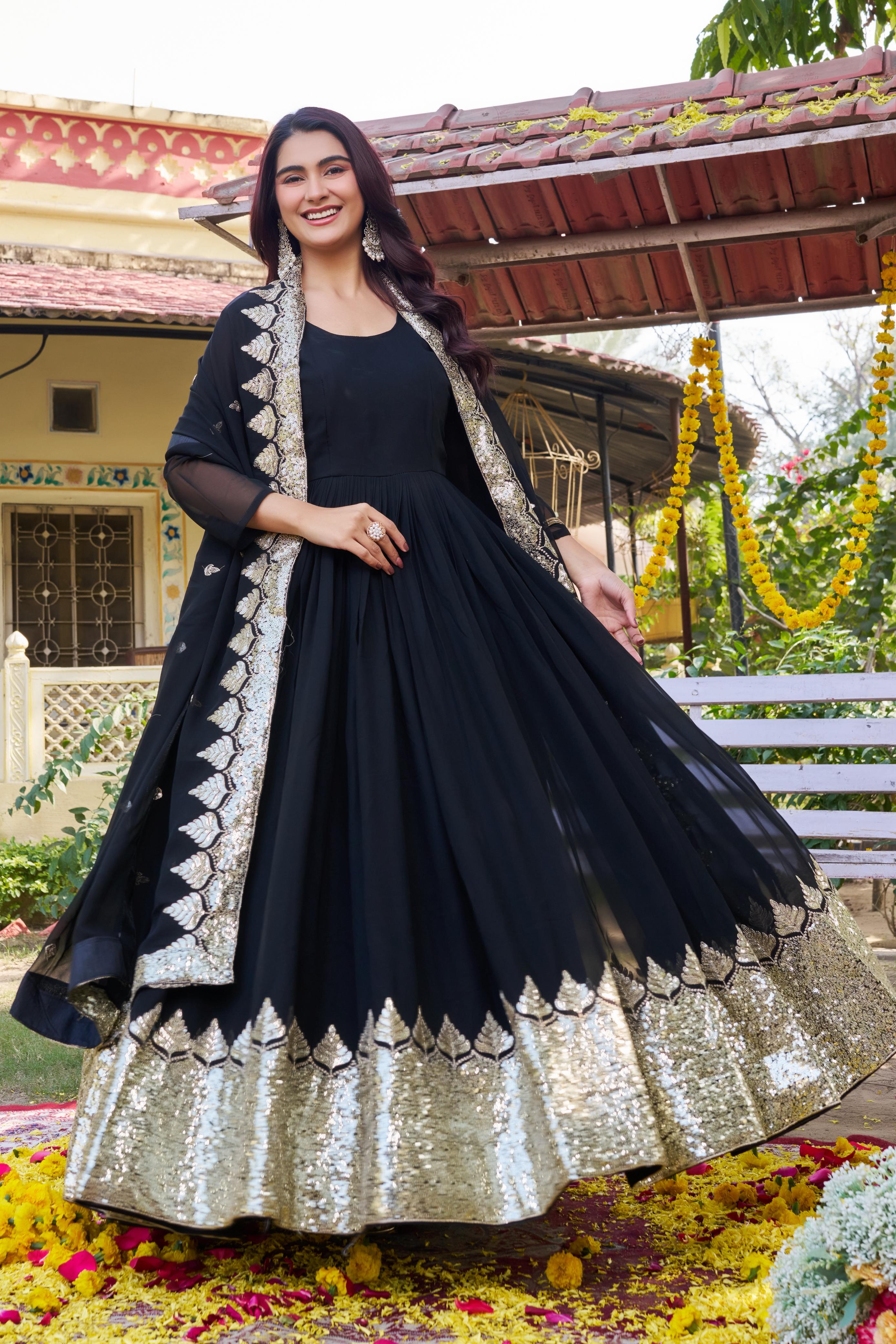 Black party wear gown with heavy sequin embroidery