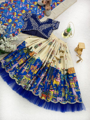Royal Blue Kids Lehenga Set with Digital Kalamkari Print and Chinon Dupatta