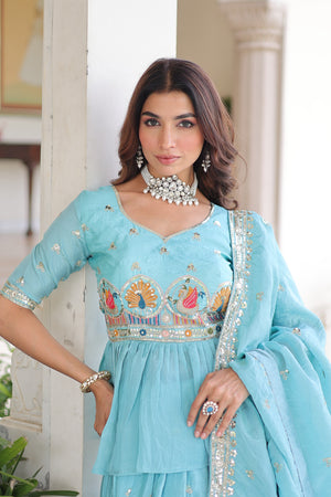 Model wearing Blue Lehenga Choli with peplum blouse