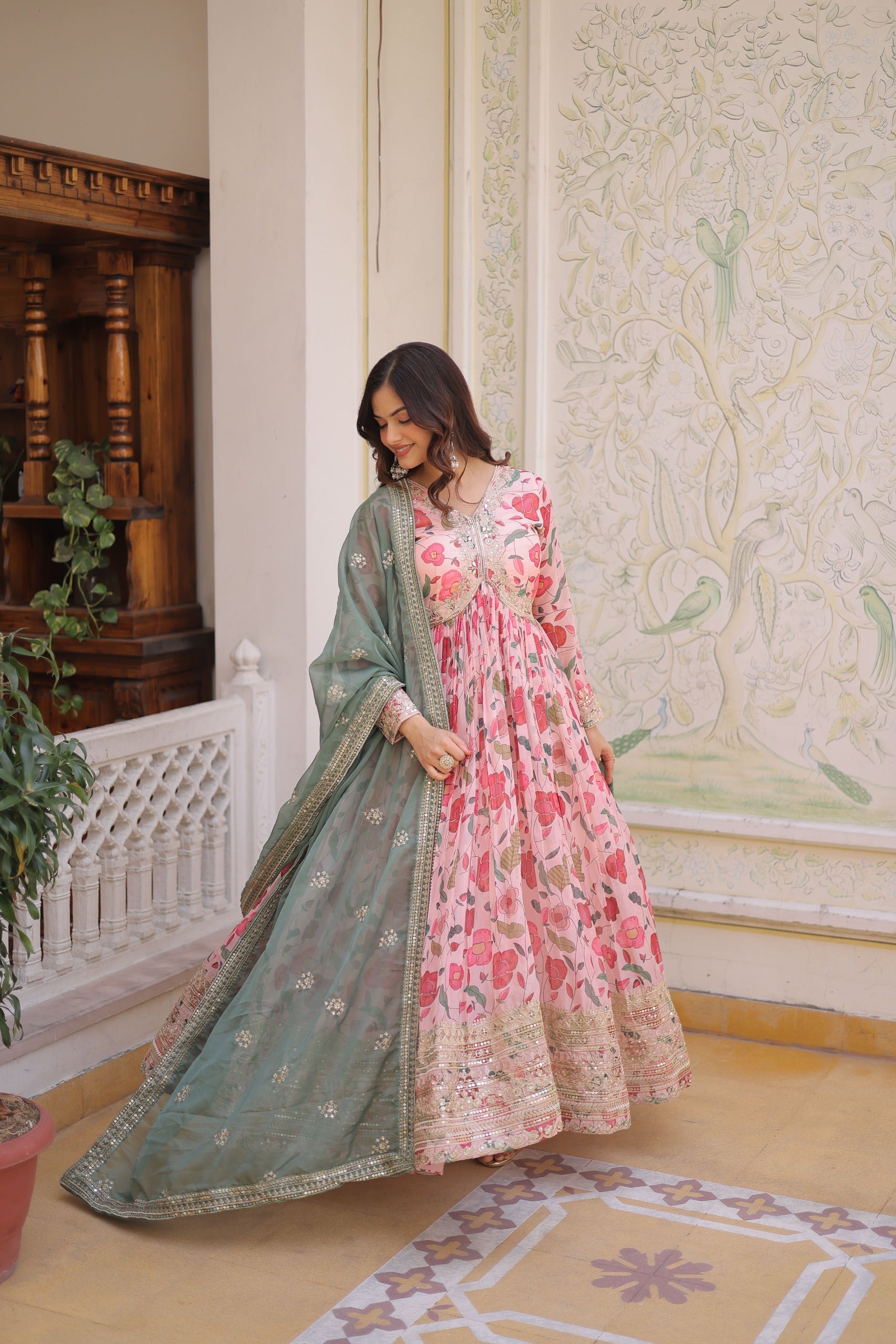 Floral digital printed Alia cut gown with dupatta