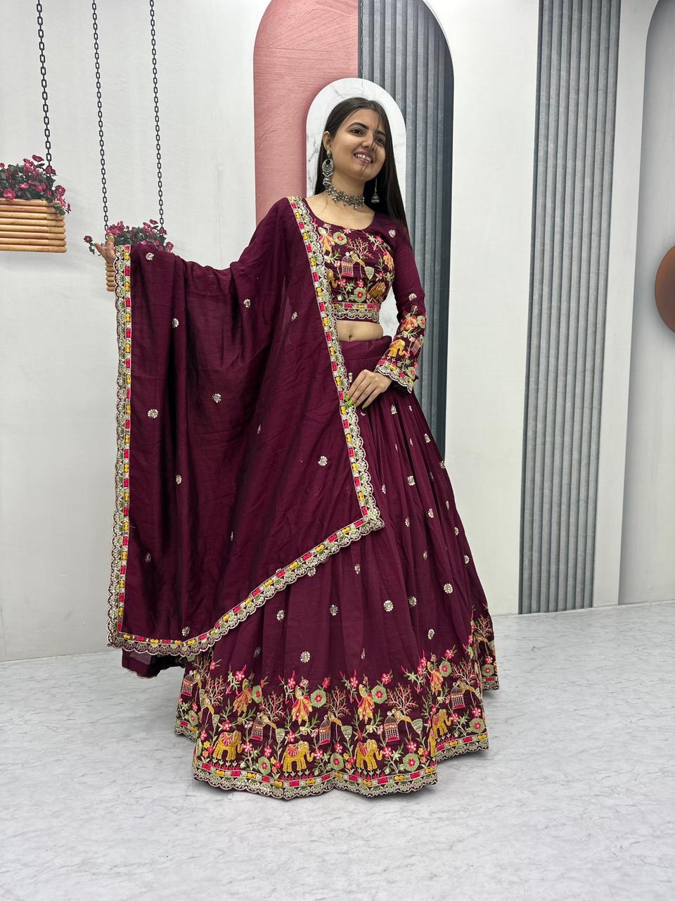 Designer chinon silk lehenga for festive wear