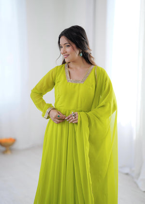 Embroidered neckline design on green anarkali suit