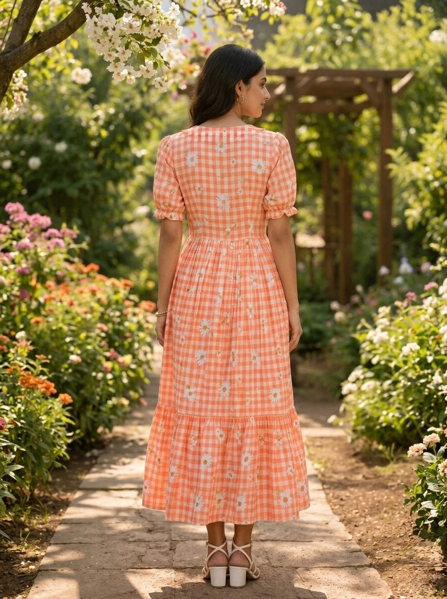 Woman in an orange checkered dress walking through a garden.