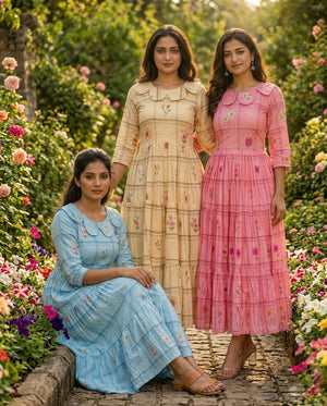 Muslin silk gingham printed kurti for women with floral design