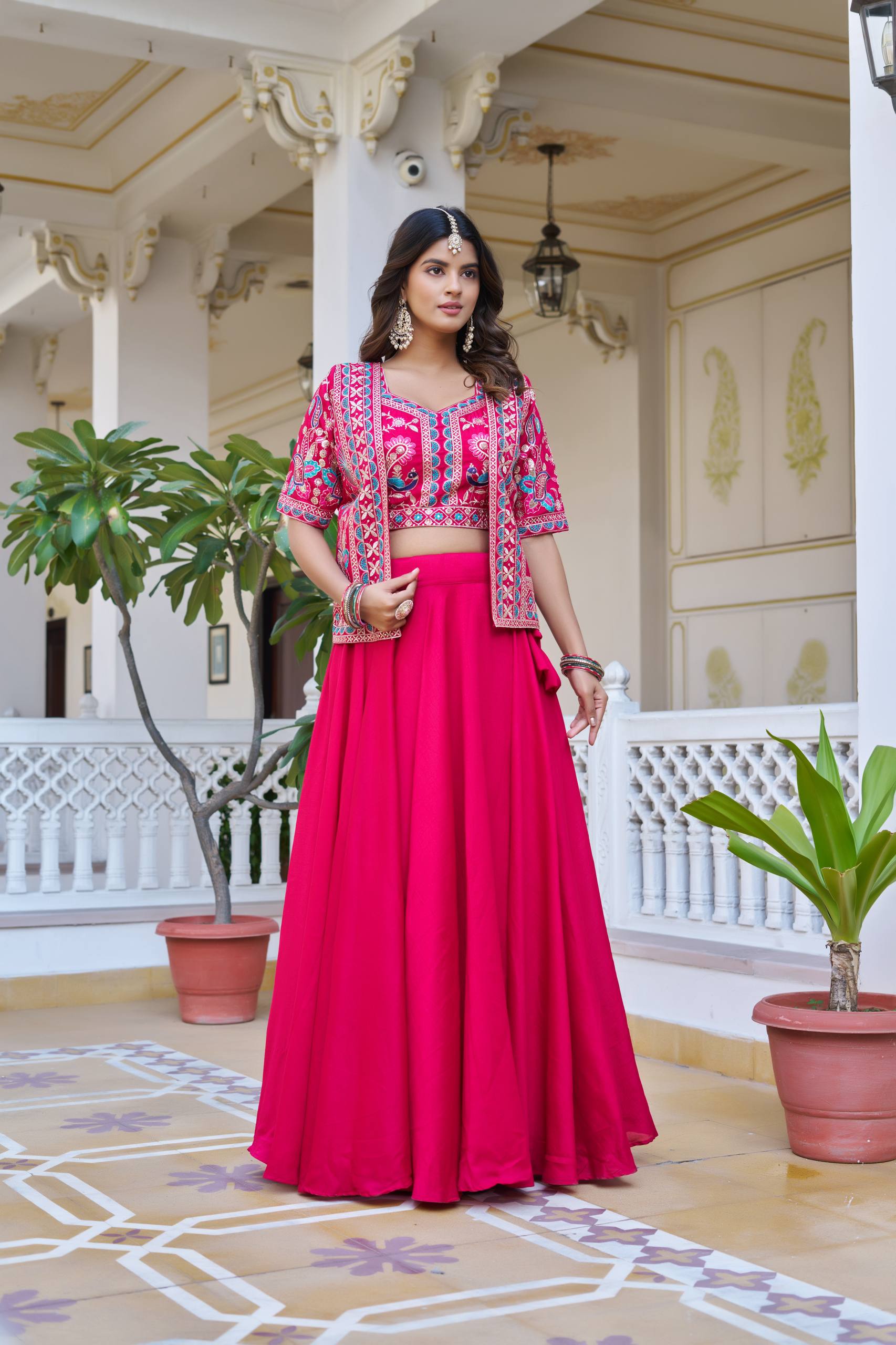 Rani Pink Vichitra Silk Lehenga with Koti