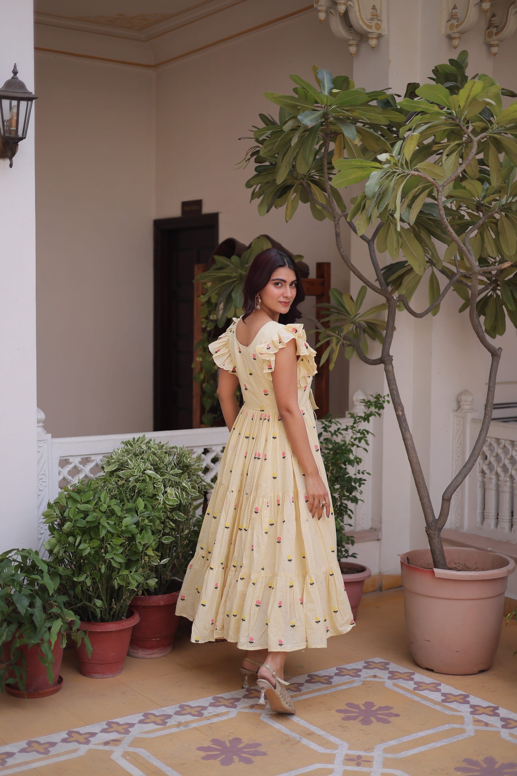 yellow cotton embroidered kurti for women