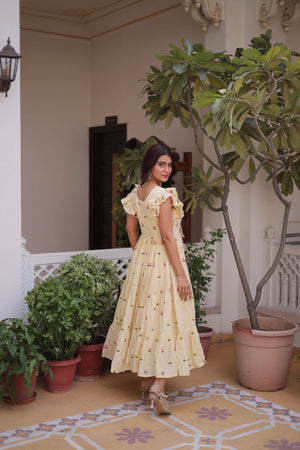 yellow cotton embroidered kurti for women