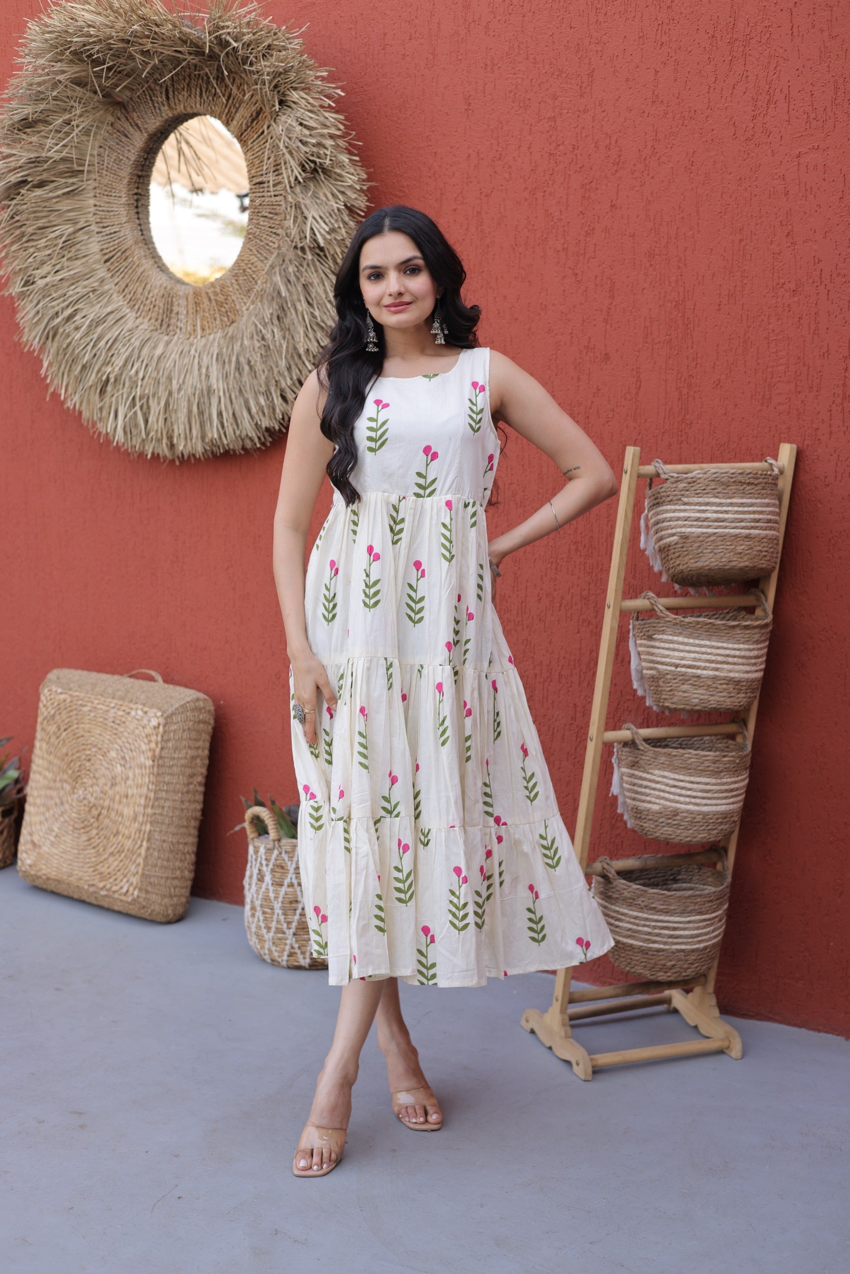 white kurti with pink leaf print
