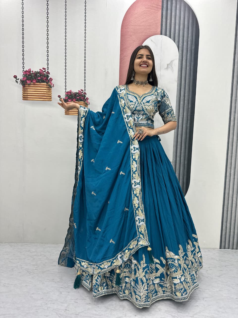 Chinon silk embroidered lehenga choli set for women