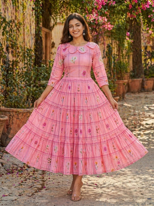 Gingham print kurti with floral embroidery look