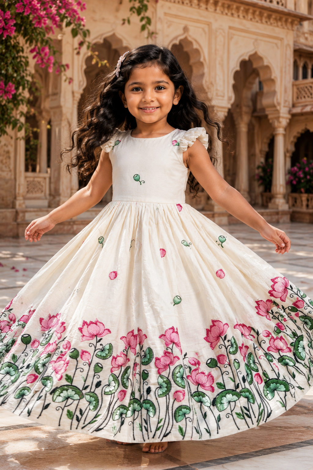 Traditional Kids Dress with Pink Lotus Embroidery