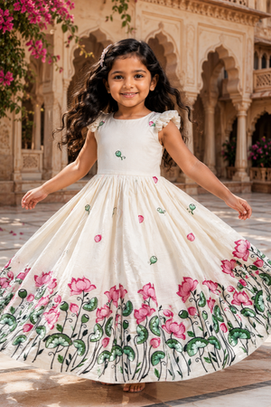 Traditional Kids Dress with Pink Lotus Embroidery