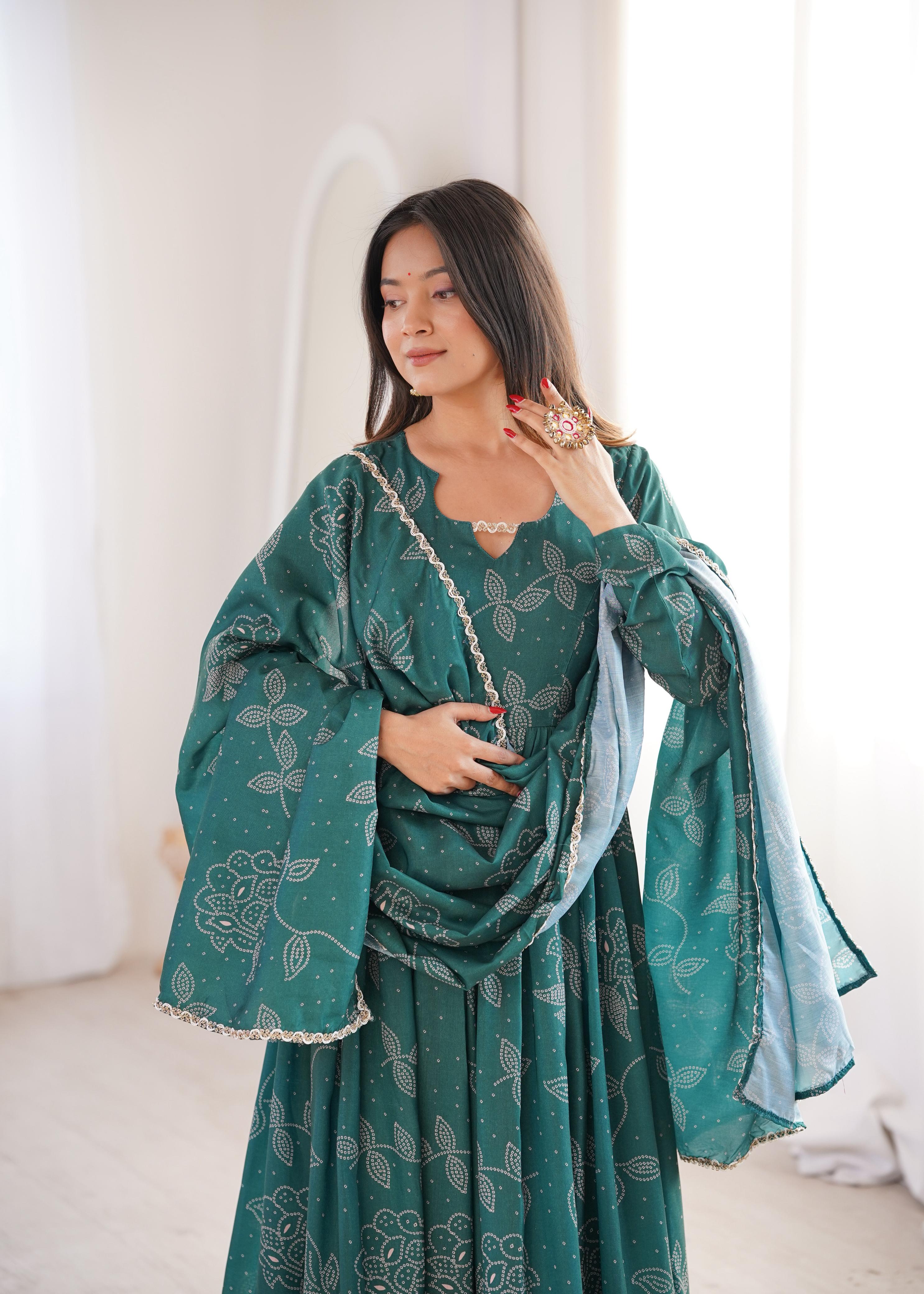 Bottle green printed Maslin Anarkali suit set
