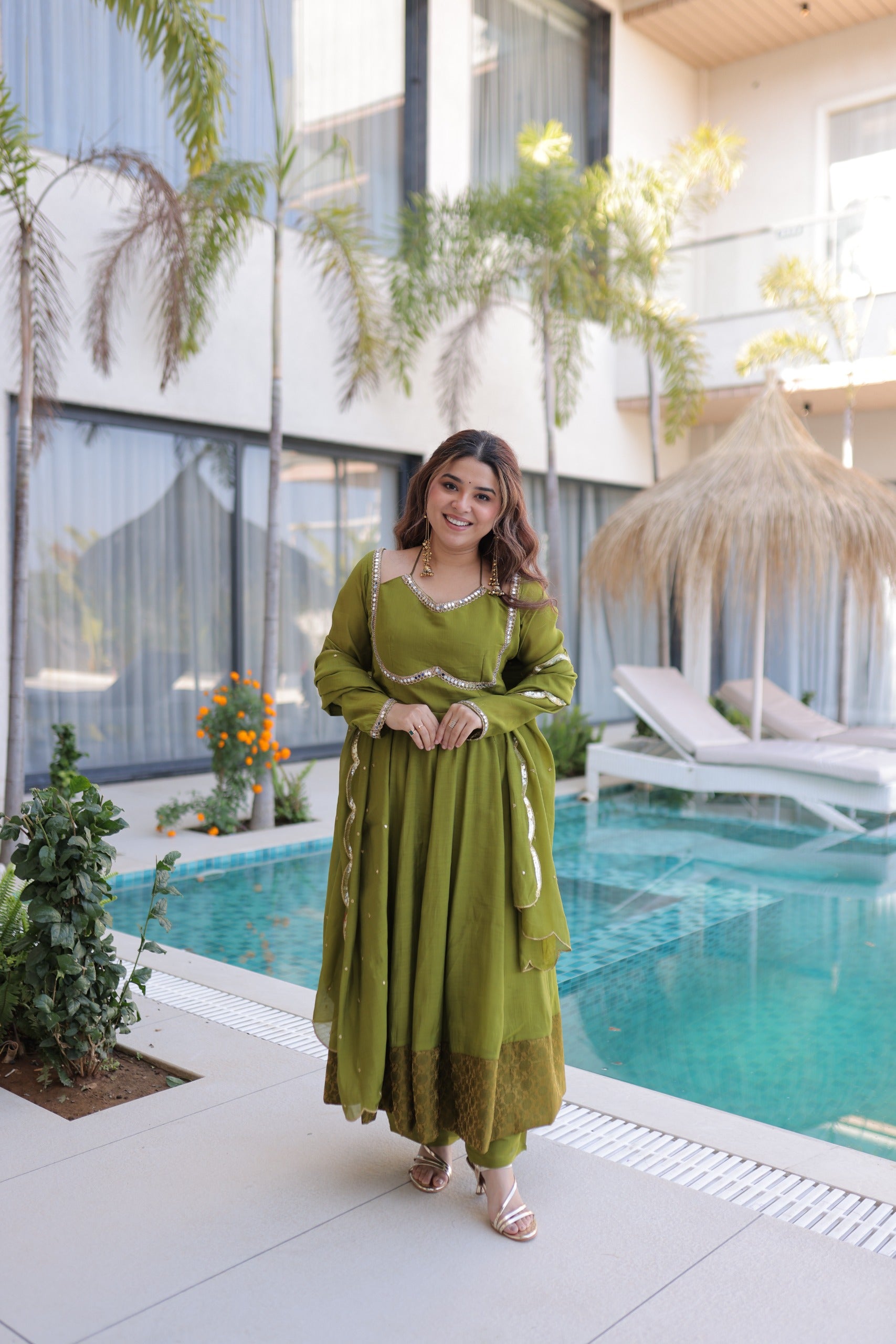 Olive green festive anarkali suit for women