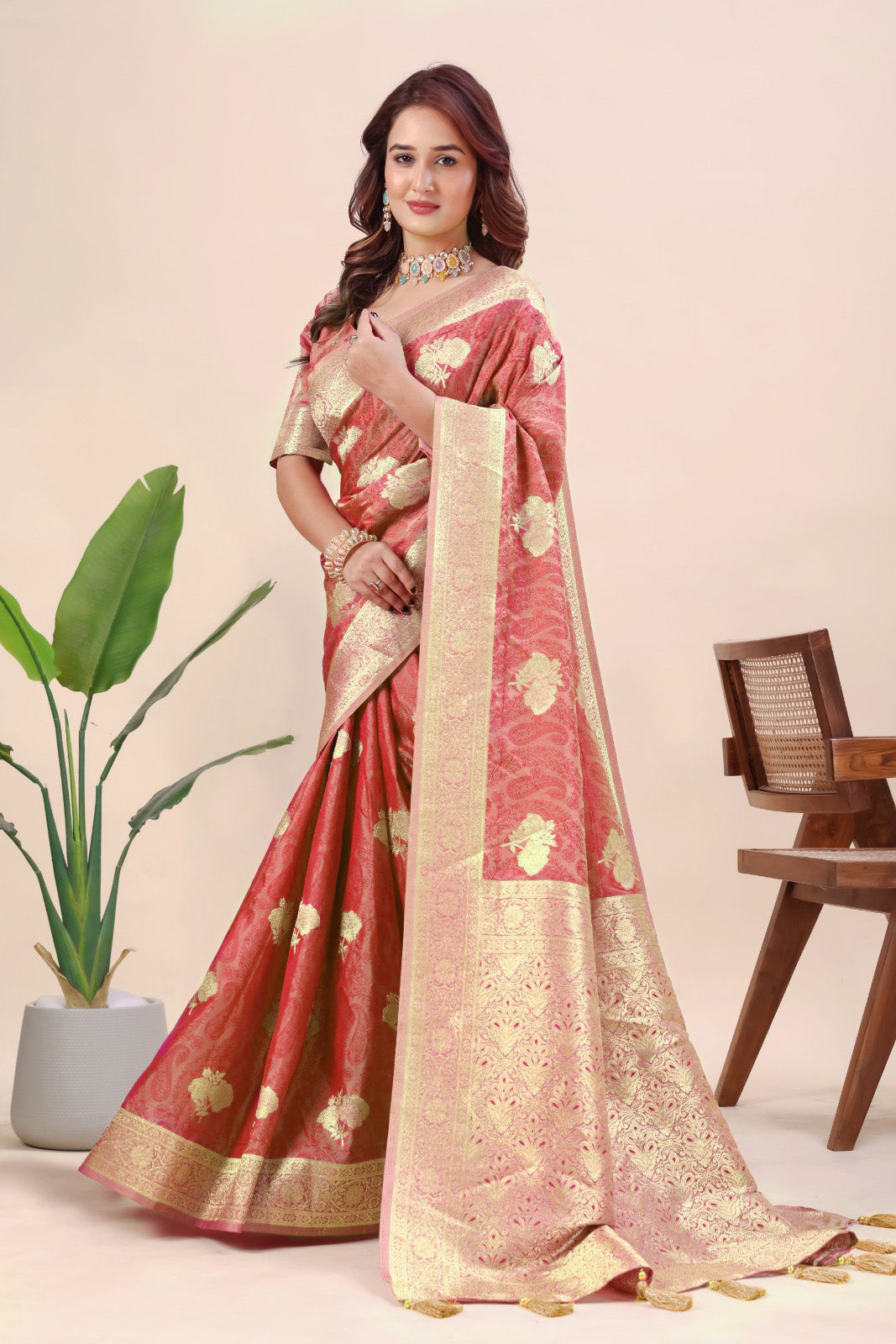 Red Banarasi Jacquard saree for women