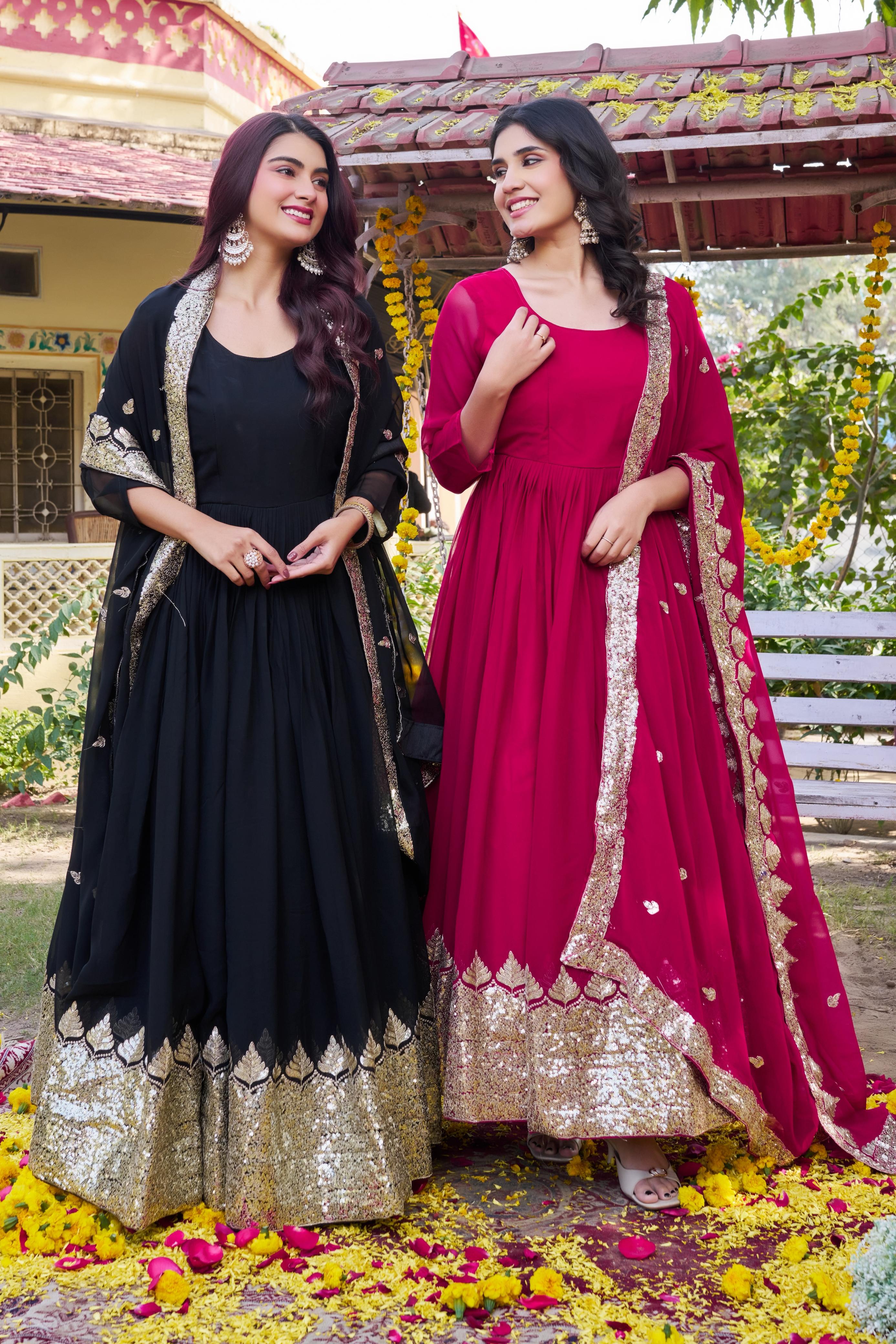 Traditional black gown with dupatta set