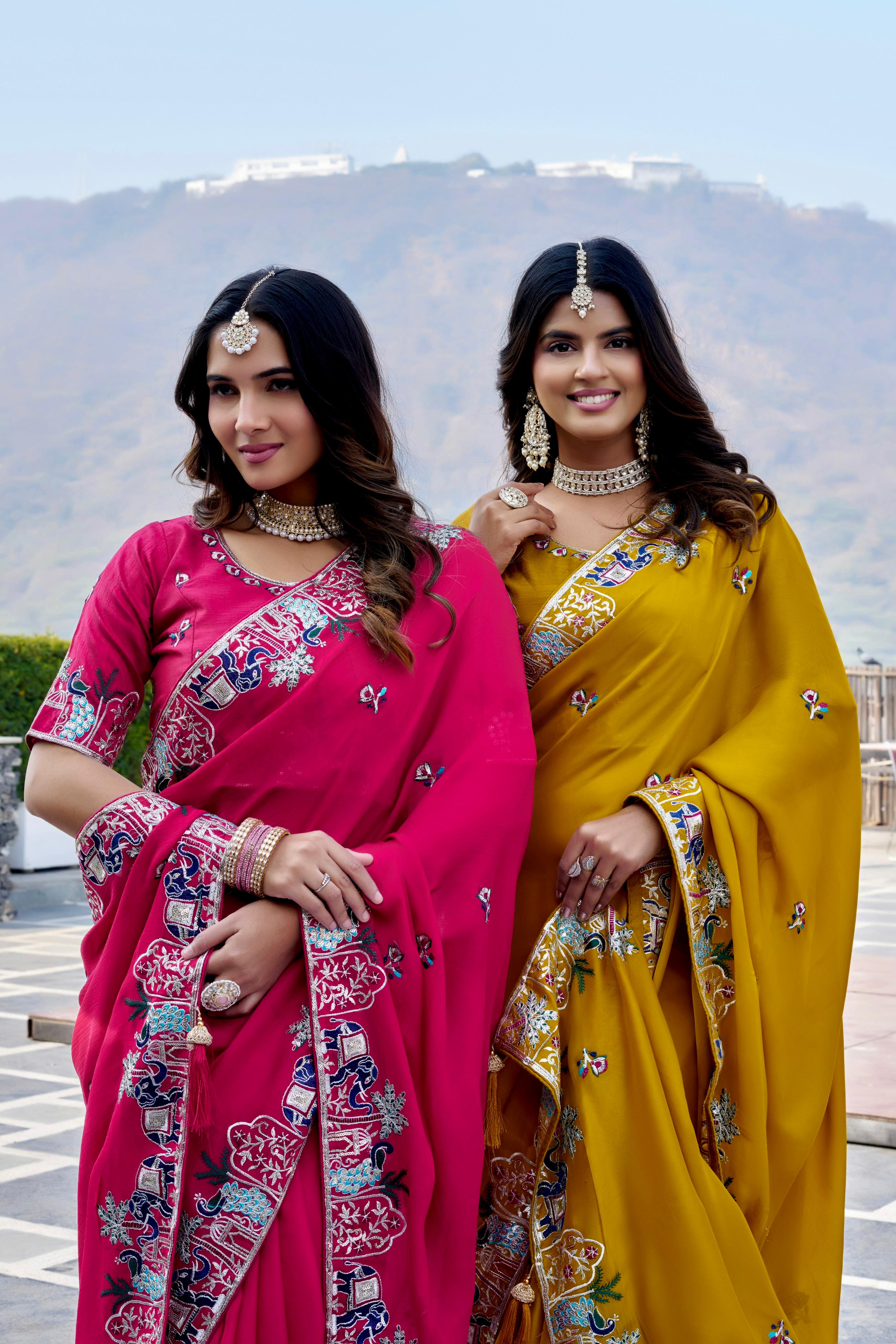 Festive embroidered chiffon saree for women