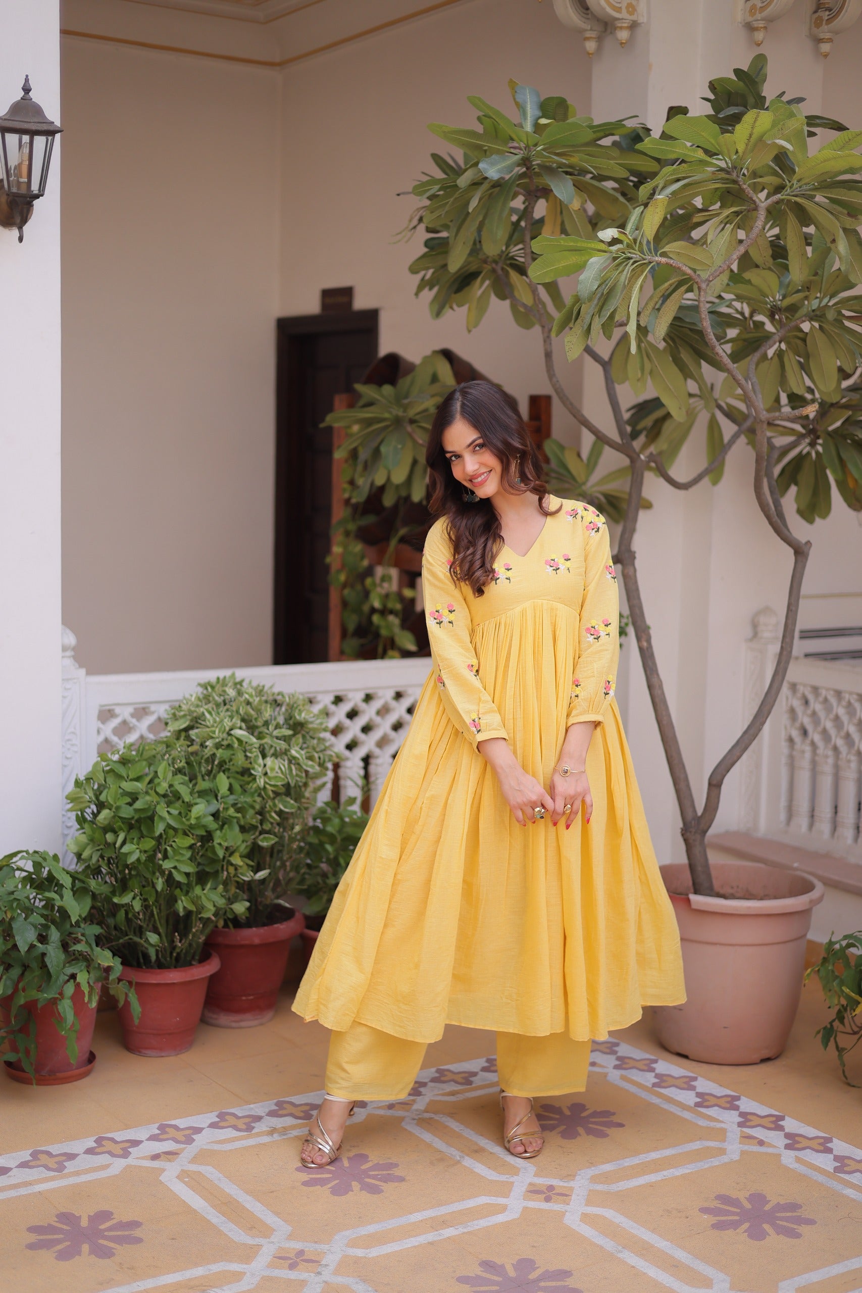 mustard yellow cotton kurti set