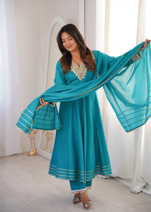 Teal blue Roman fabric Anarkali suit with dupatta