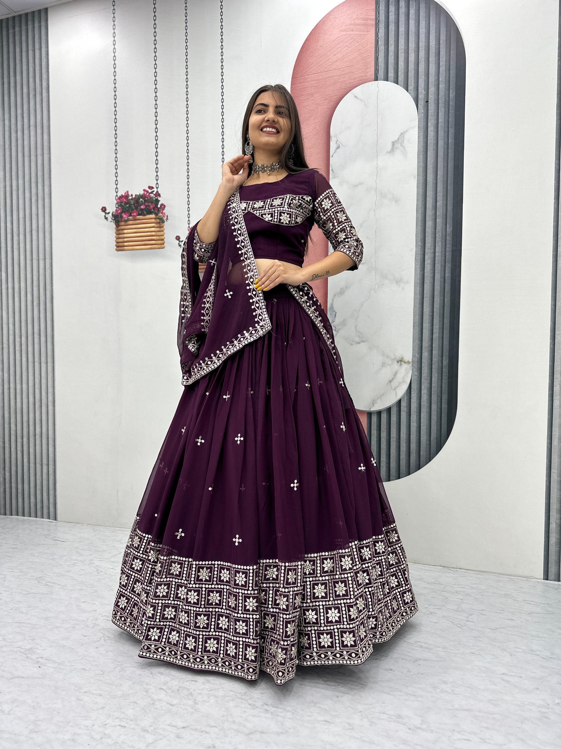 Wine purple fox georgette lehenga choli for wedding