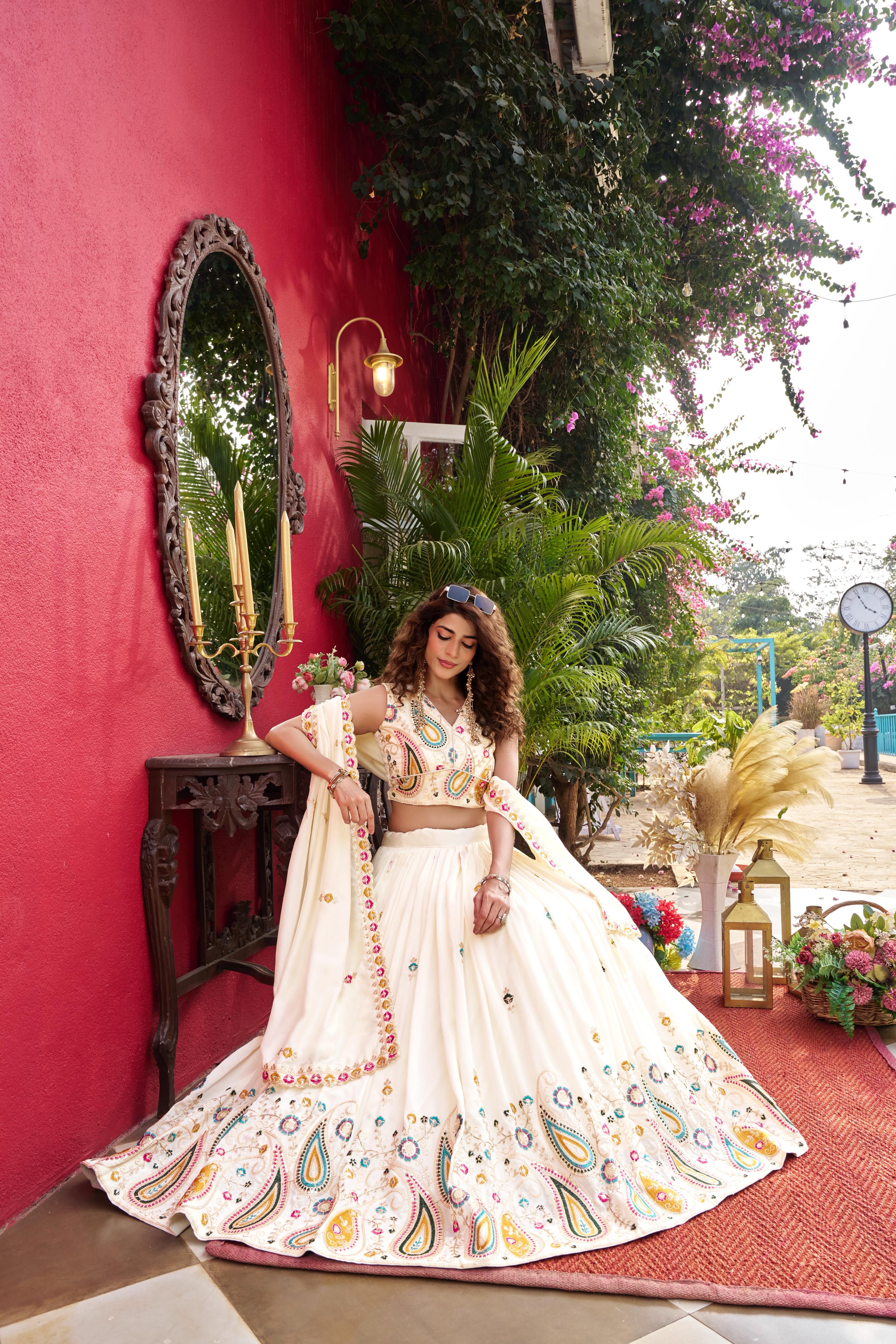 Off white Vichitra silk embroidered lehenga choli set