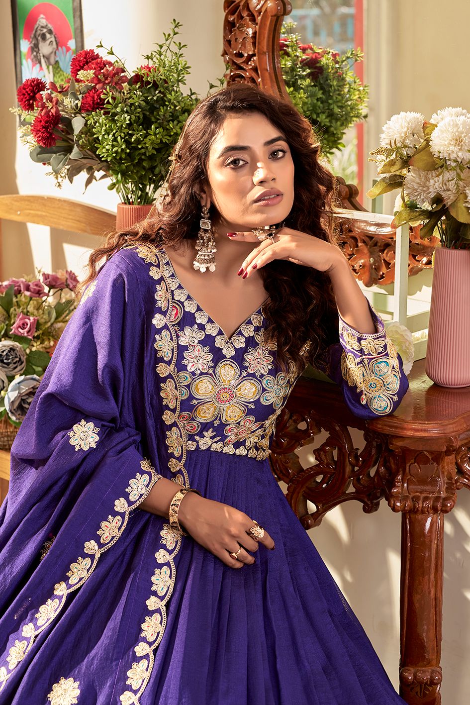 Elegant Vichitra silk embroidered gown with dupatta for wedding wear