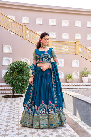teal blue designer lehenga choli outfit