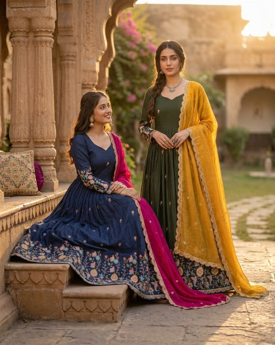 elegant Fendi Silk embroidered gown with dupatta online