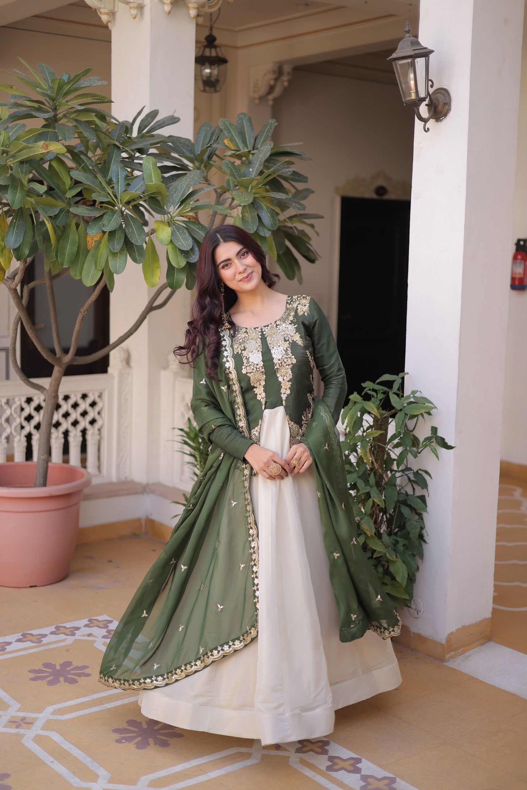 Bottle green embroidered gown with dupatta