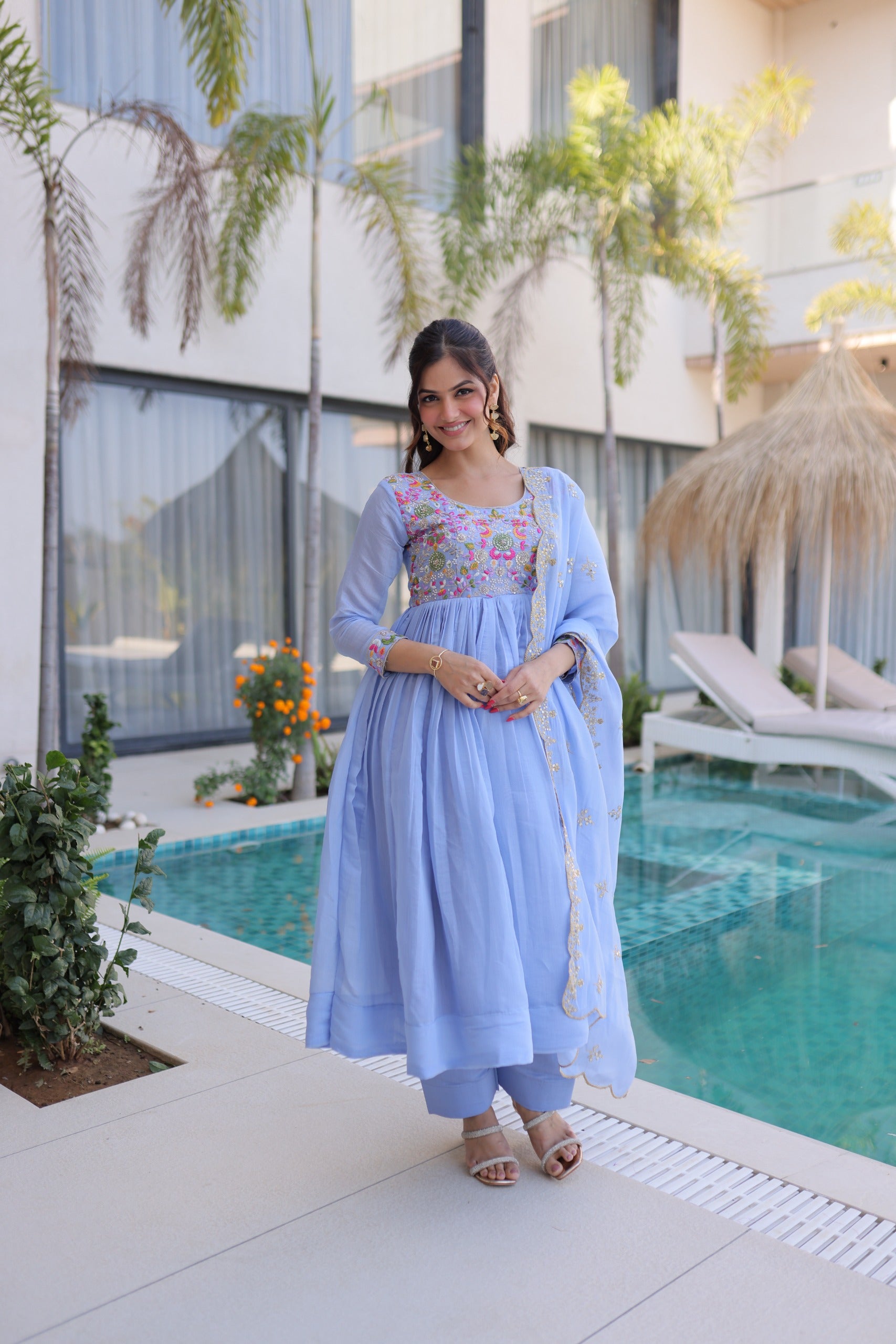 Mal Chanderi embroidered gown set with dupatta for women