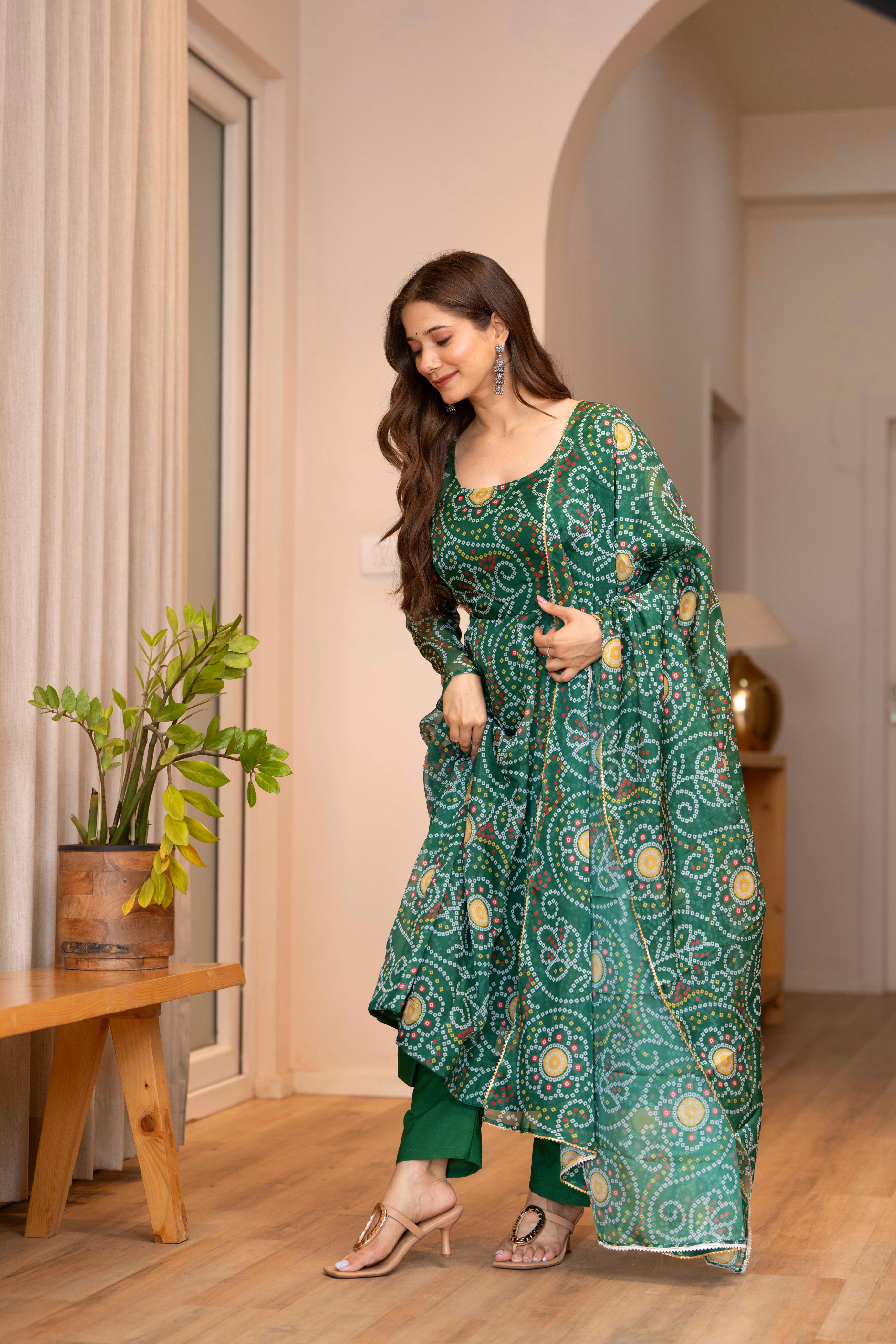 green organza gown set with dupatta for women