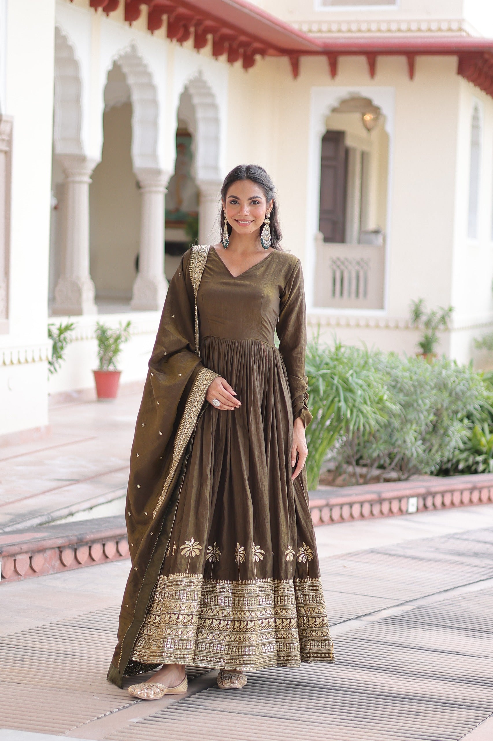 Vichitra silk embroidered gown with dupatta