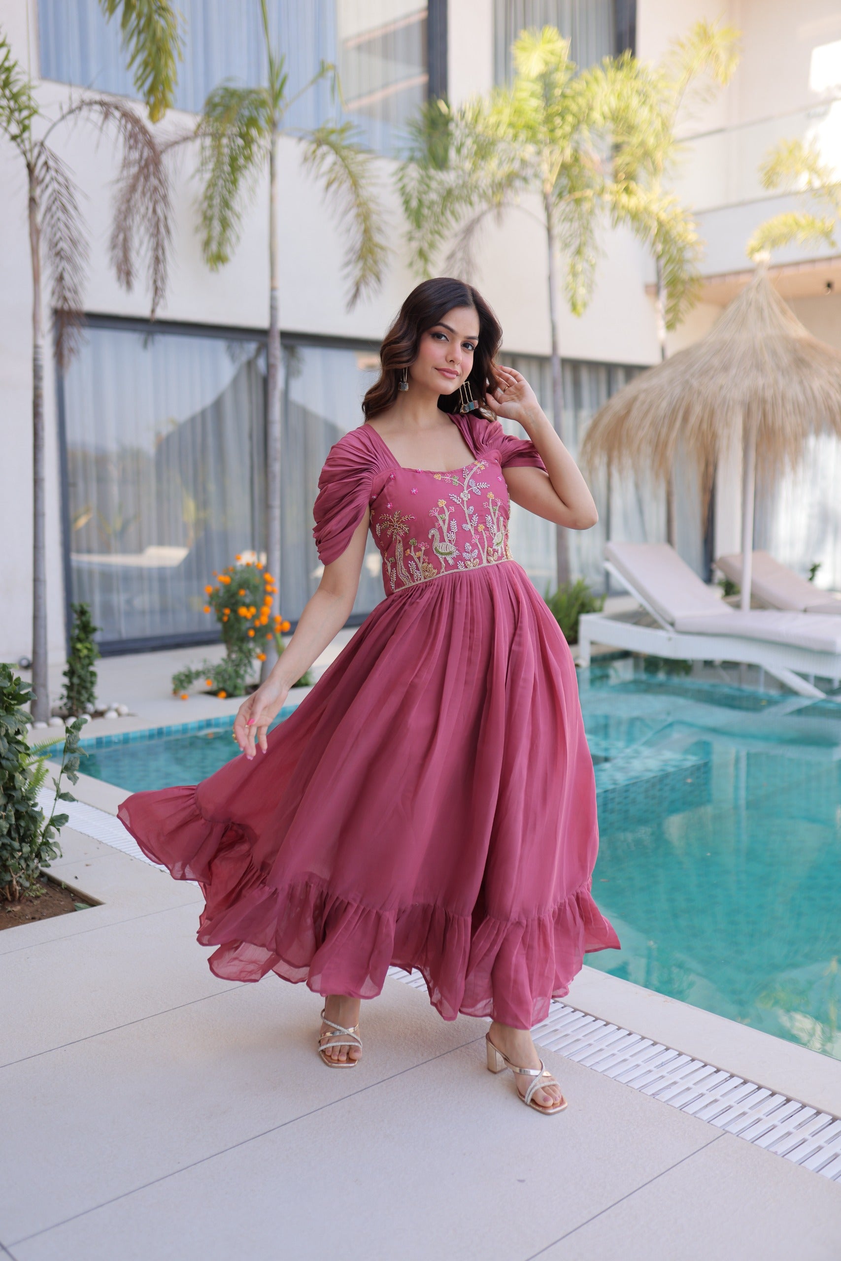 latest mal chanderi embroidered gown for wedding wear