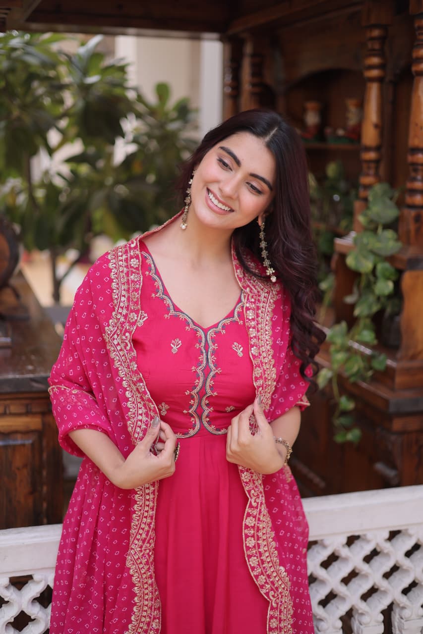 Designer kurti pant dupatta set for women in pink color festive outfit