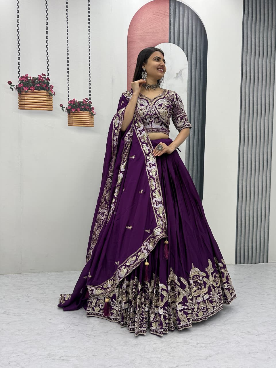 Purple chinon lehenga choli with sequence work