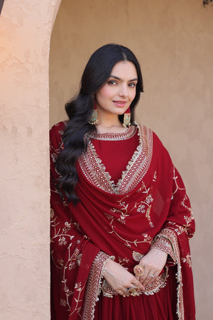 Maroon embroidered gown with dupatta for women