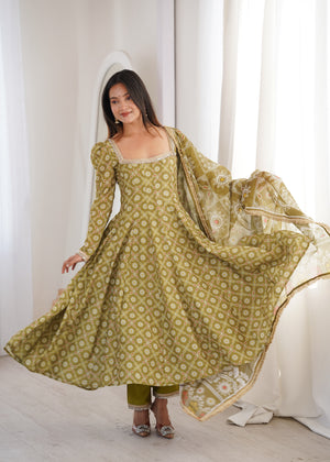 Olive green printed maslin gown with organza dupatta