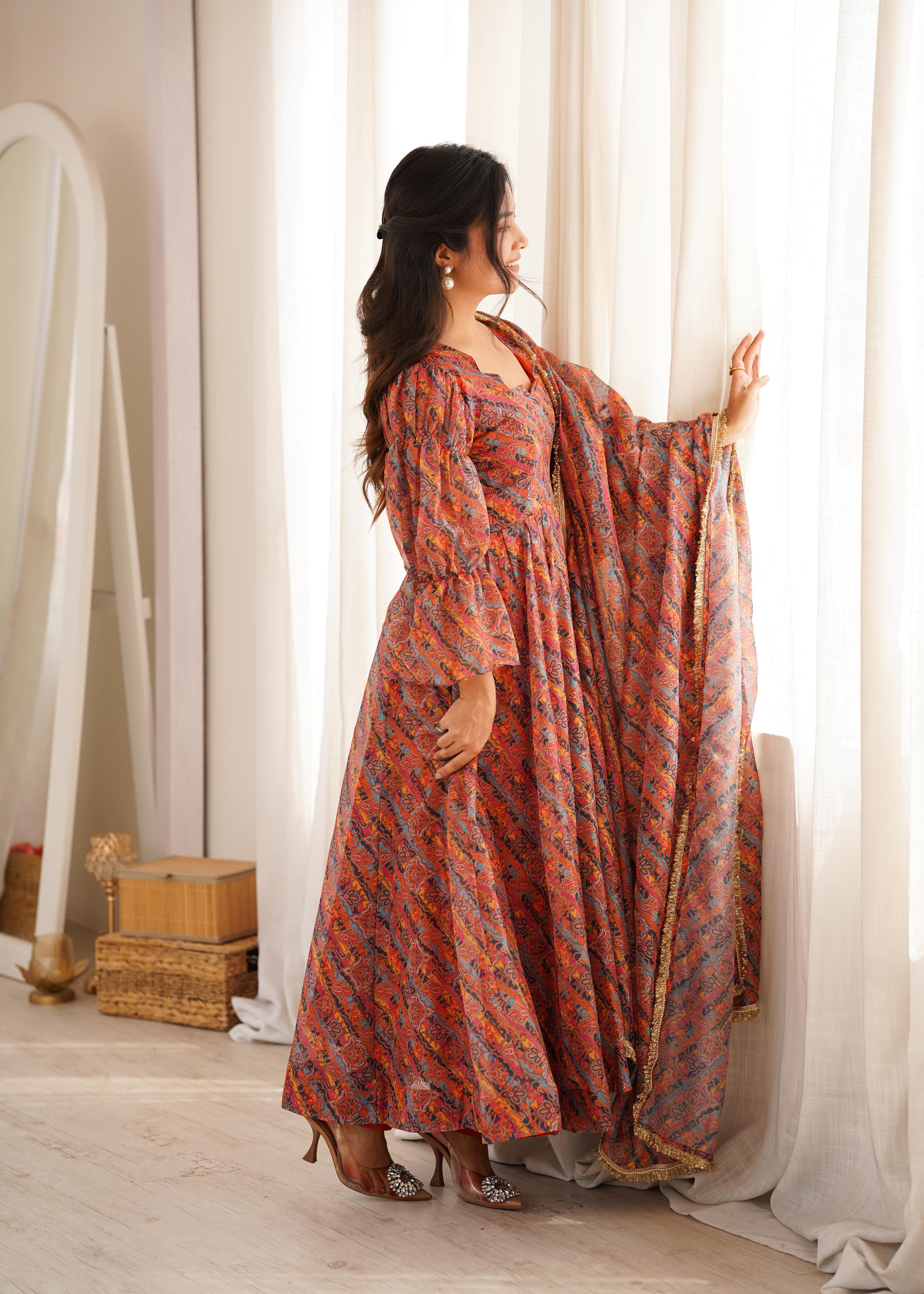Rust Orange Organza Printed Gown Set for Women