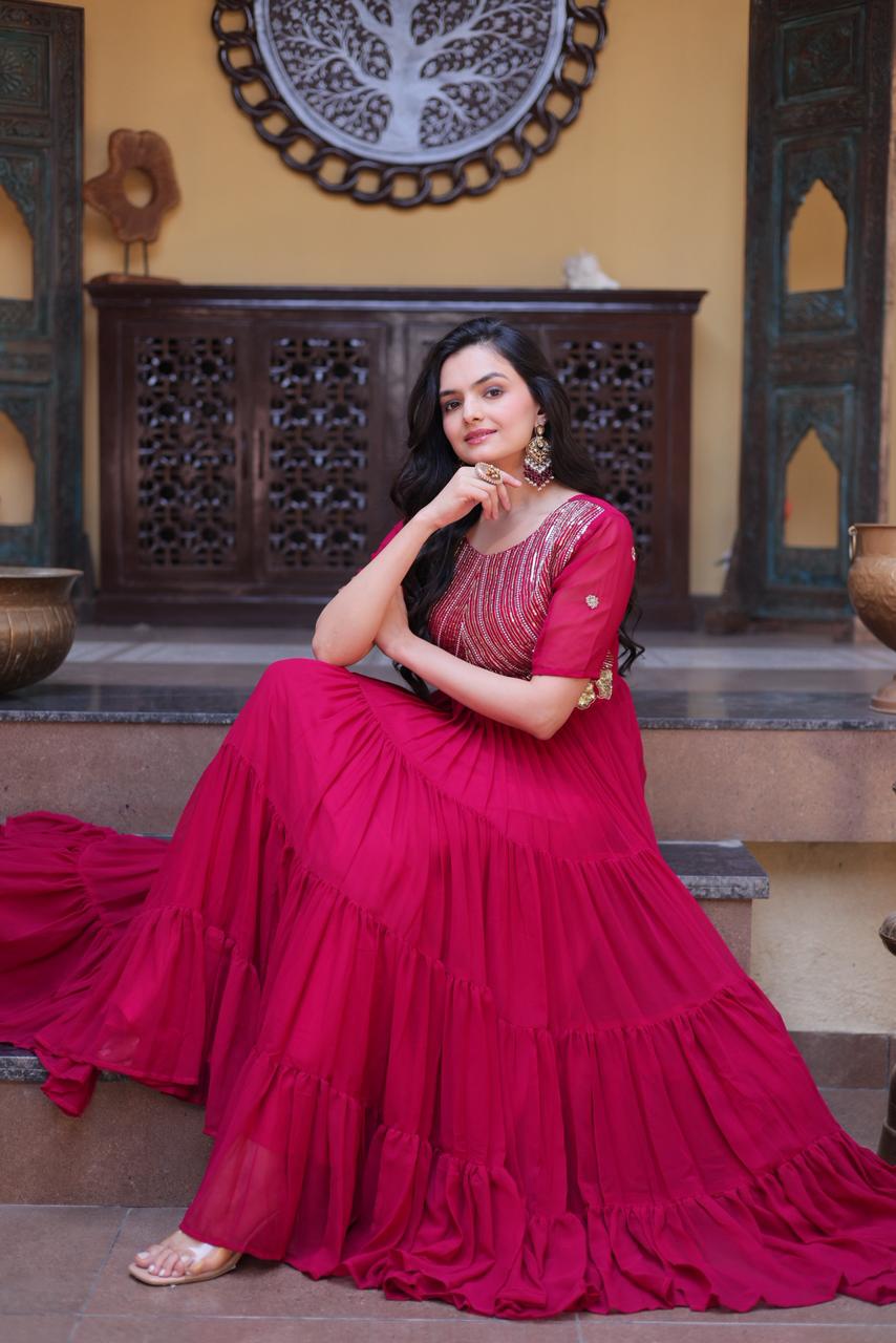 Buy Red Faux Blooming Embroidered Gown Online for Women