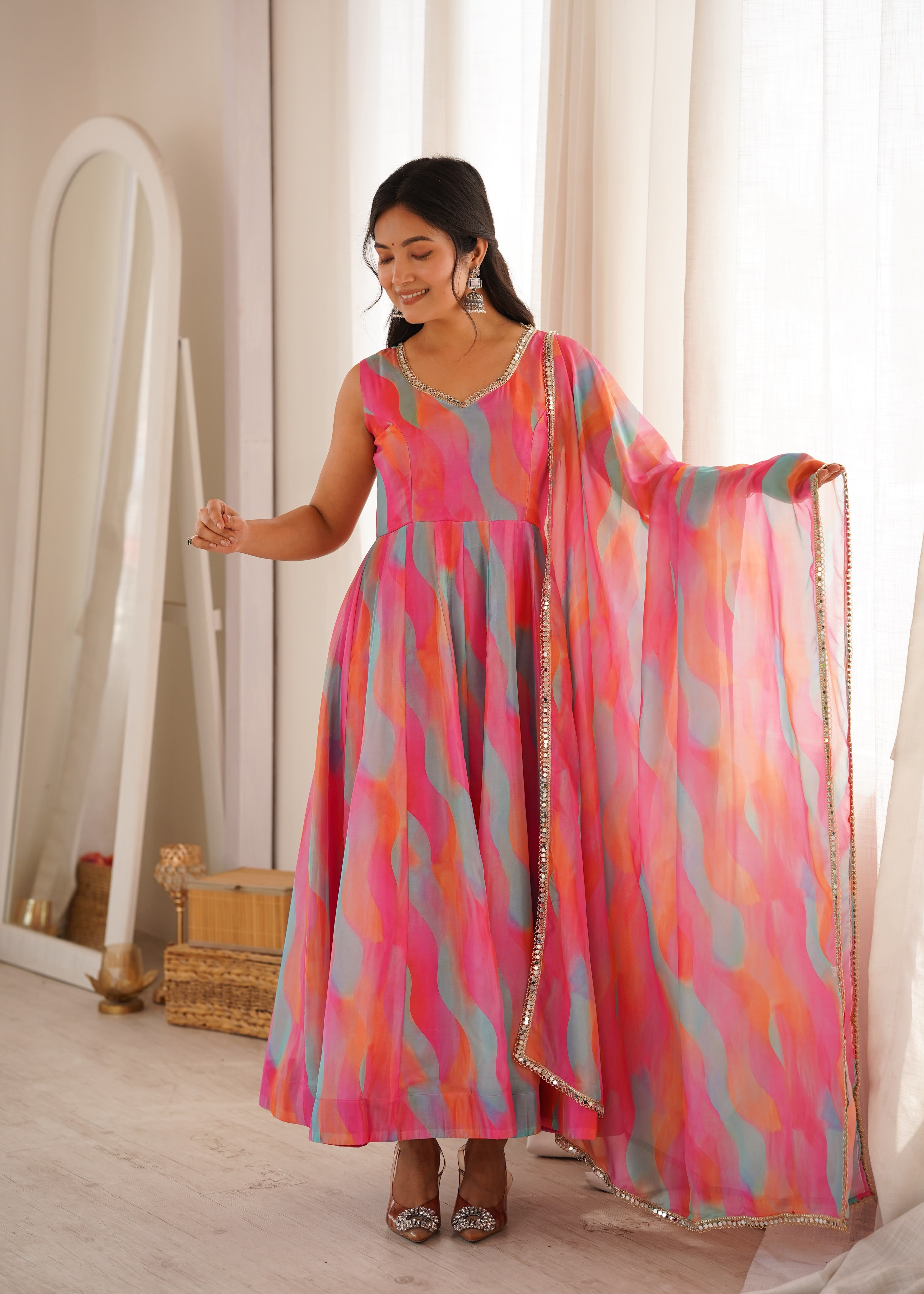 Multicolor Organza Gown Set with Mirror Lace Work for Women
