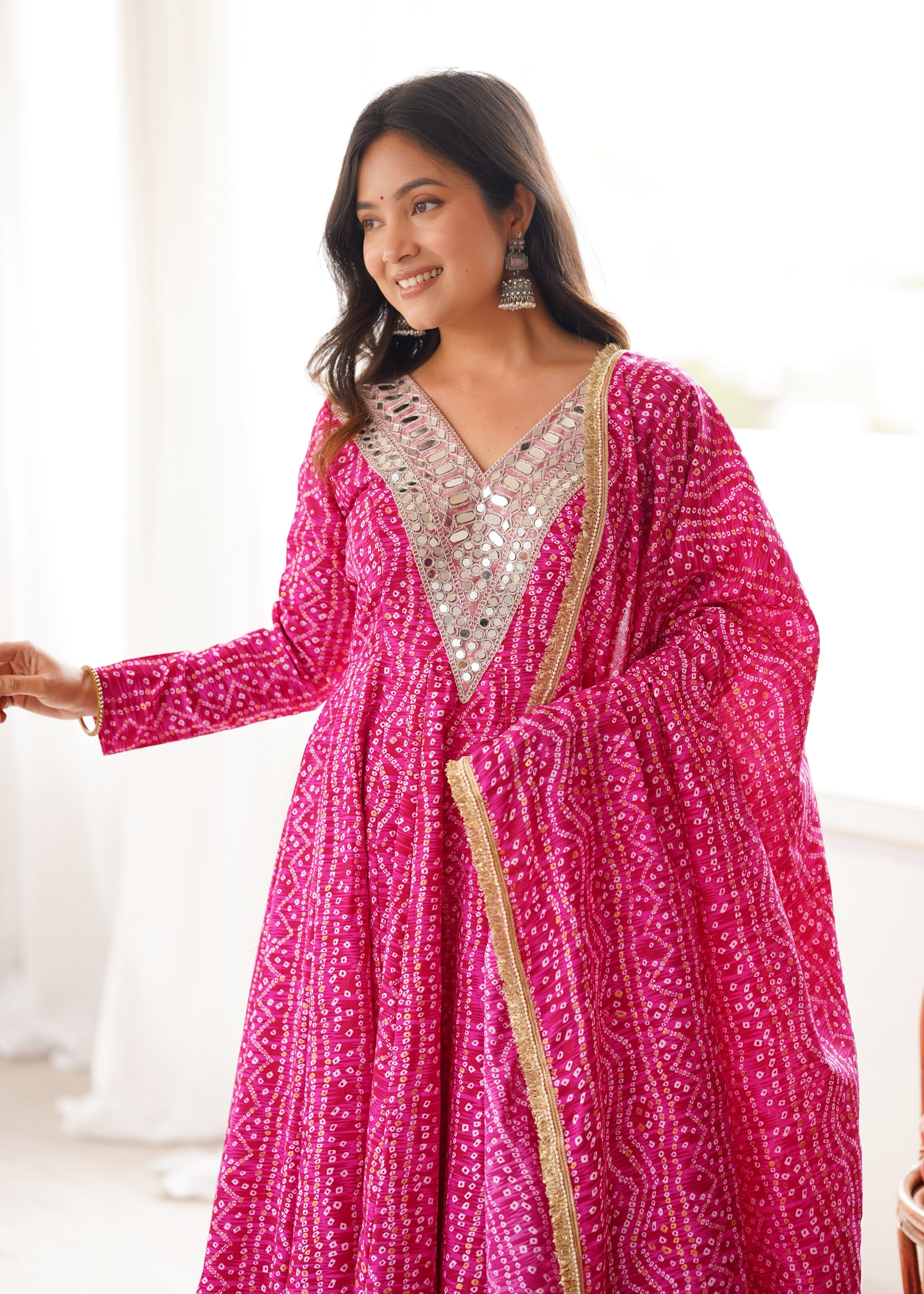 Rani Pink Rayon Gown Set with Mirror Embroidery Work