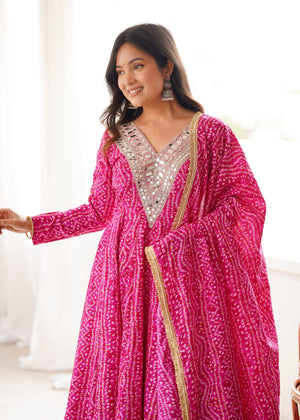 Rani Pink Rayon Gown Set with Mirror Embroidery Work