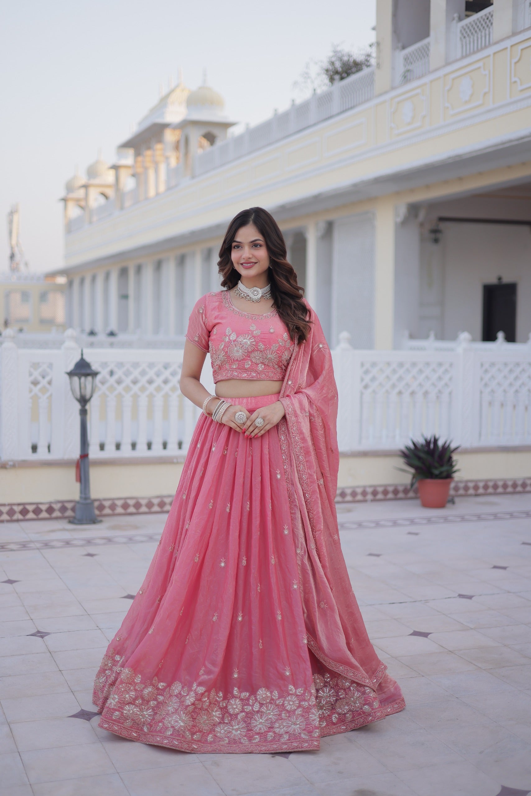 Pink Fendi silk lehenga with heavy sequins zari embroidery