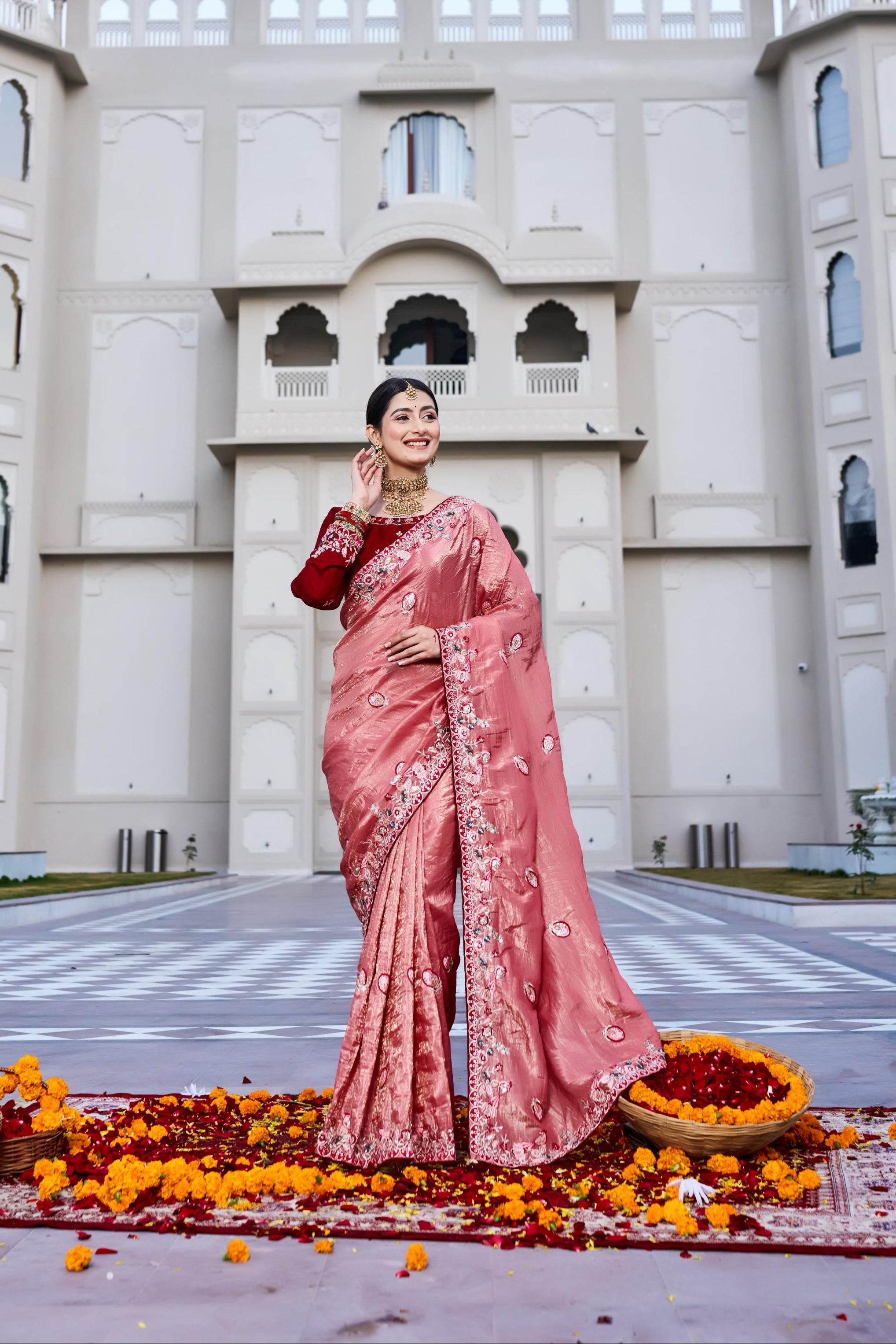 onion pink pure ho silk embroidered saree